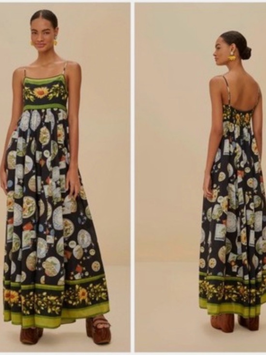 FARM Rio Dresses & Skirts - FARM Rio Black Maxi Dress with Green Border and Sunflower Motif